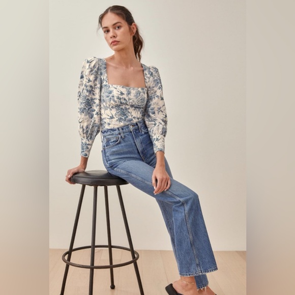 Reformation Linen Stilton Floral Romantic Square Neck Long Sleeve Top Size 10 - Picture 5 of 16